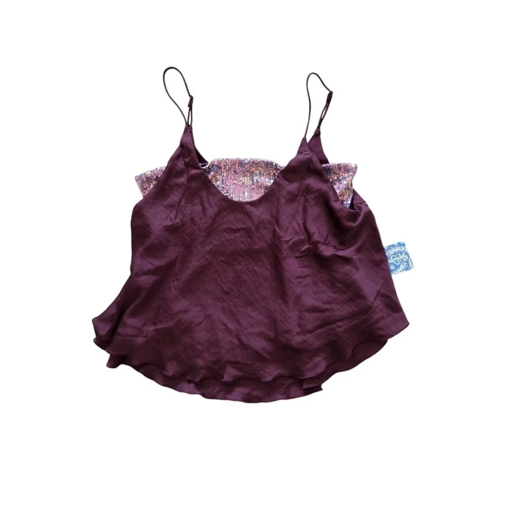 Free People Turn It On Cami S Burgundy Sequin Embellished Inset Layered Club NEW